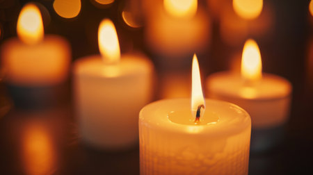 A close-up of lit candles in a dark room, creating a warm and cozy atmosphere.の素材
