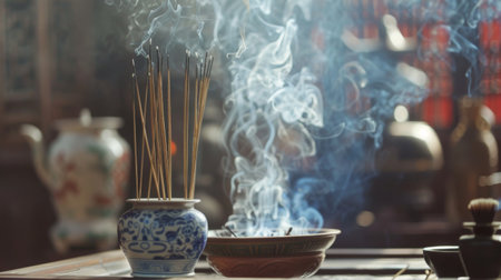 A close-up of smoke rising from incense sticks, creating a tranquil and aromatic ambiance.の素材