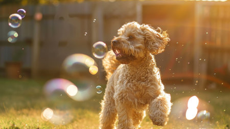 A dog chasing bubbles blown by its owner in a sunny backyard, with joy on its face.の素材