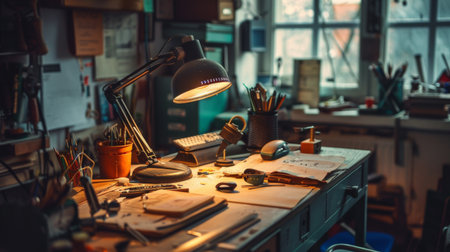 A desk lamp with an adjustable arm and magnifying lens, used by a person working on detailed craftsmanship.の素材