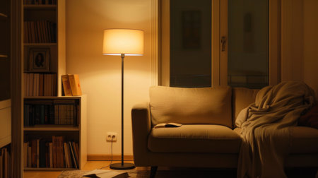 A contemporary floor lamp with a minimalist design, illuminating a cozy reading nook with soft, indirect light.の素材