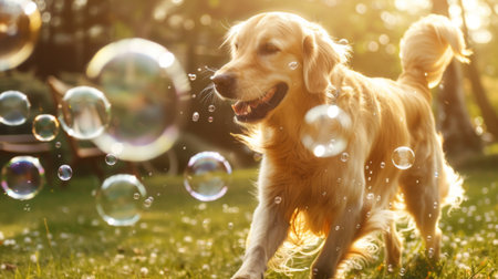 A dog chasing bubbles blown by its owner in a sunny backyard, with joy on its face.の素材