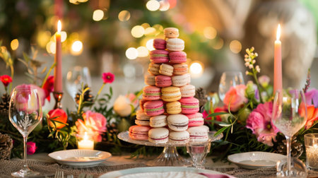 A festive table setting with a tower of macarons as the centerpiece, surrounded by flowers and candles.の素材