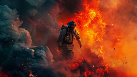 A firefighter battling a blaze, with swirling smoke and orange flames in the background.の素材