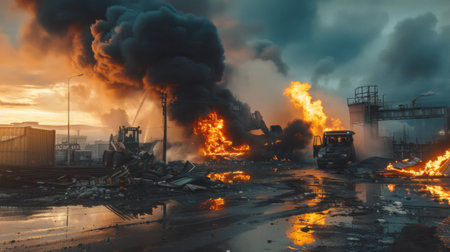 A controlled industrial fire with thick smoke billowing from burning debris.の素材
