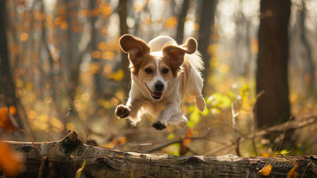 A dog leaping over a fallen log while exploring a wooded area, full of energy and adventure.の素材