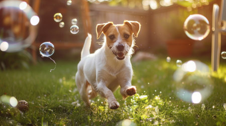 A dog chasing bubbles blown by its owner in a sunny backyard, with joy on its face.の素材