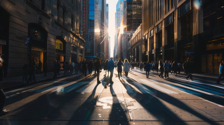 A crowded street with skyscrapers casting shadows, creating patterns on the pavement during daytime.の素材