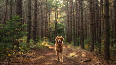 A dog exploring a forest trail with curiosity and excitement, surrounded by tall trees.の素材