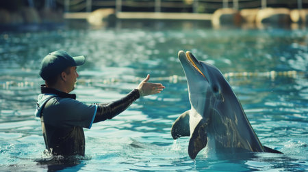 A dolphin trainer interacting with a bottlenose dolphin during a training session at an aquatic park.の素材