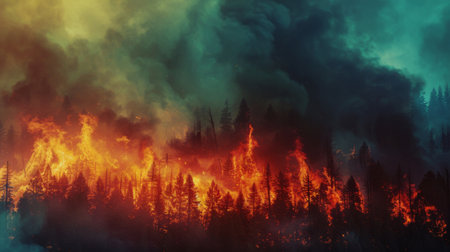A forest fire spreading rapidly, with dark smoke clouds covering the sky.の素材