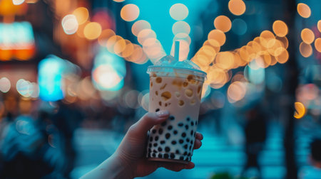 A hand holding a cup of bubble milk tea against a backdrop of blurred lights.の素材