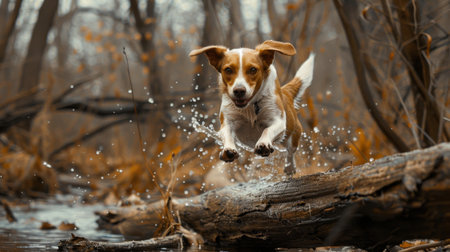A dog leaping over a fallen log while exploring a wooded area, full of energy and adventure.の素材