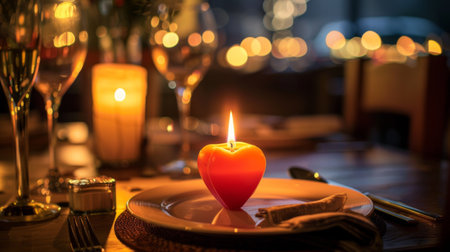 A heart-shaped candle burning brightly on a romantic dinner table, creating a warm and intimate ambiance.の素材