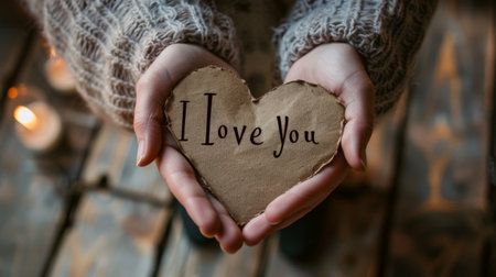 A pair of hands holding a heart-shaped piece of paper with "I love you" written in elegant calligraphy.の素材