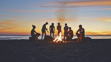 A group of friends enjoying a beach bonfire at sunset, with flames flickering against a twilight sky.の素材