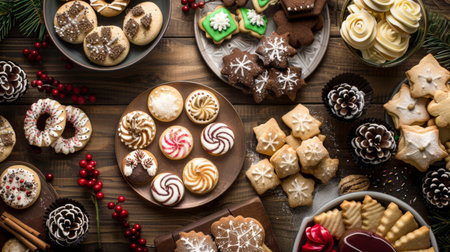 A festive cookie exchange with friends, featuring a variety of decorated cookies on a table.の素材