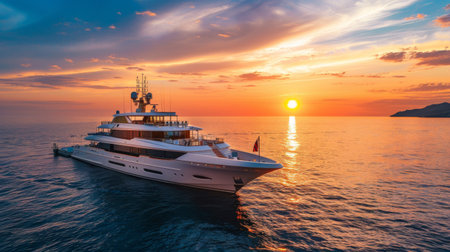 A luxury yacht anchored offshore, with passengers on deck watching the sun setting over the distant horizon.の素材