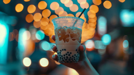A hand holding a cup of bubble milk tea against a backdrop of blurred lights.の素材