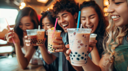 A group of friends enjoying bubble milk tea together at a trendy bubble tea shop.の素材