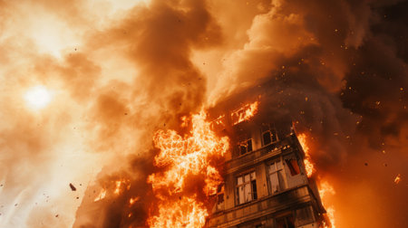 A dramatic scene of smoke and flames erupting from a burning building during a fire emergency.の素材