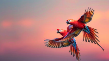 A pair of lovebirds flying together, their colorful plumage contrasting against a soft sunset sky.の素材