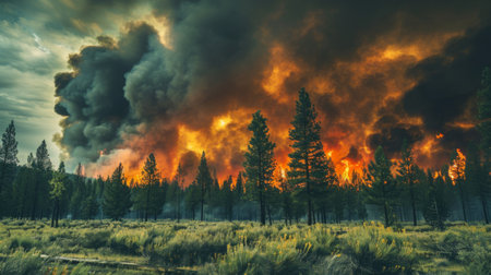 A forest fire spreading rapidly, with dark smoke clouds covering the sky.の素材
