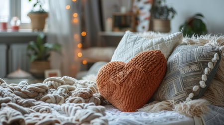 A heart-shaped pillow on a cozy bed, decorated with soft blankets and cushions in a bedroom setting.の素材
