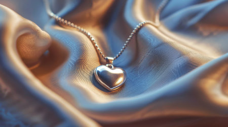 A heart-shaped pendant necklace resting on a silk fabric, reflecting soft light in a jewelry concept.の素材