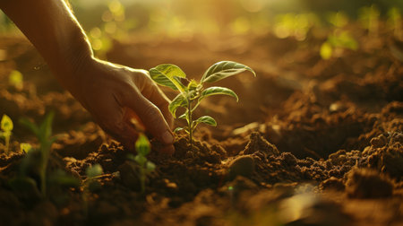 A person planting a young sapling in fertile soil with gentle sunlight filtering through the leaves.の素材