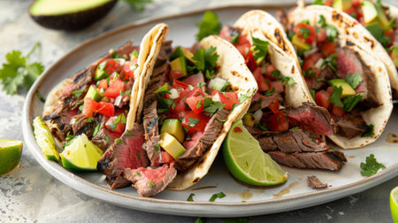 A plate of grilled flank steak tacos with corn tortillas, salsa, avocado, and lime wedges.の素材