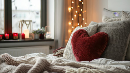A heart-shaped pillow on a cozy bed, decorated with soft blankets and cushions in a bedroom setting.の素材