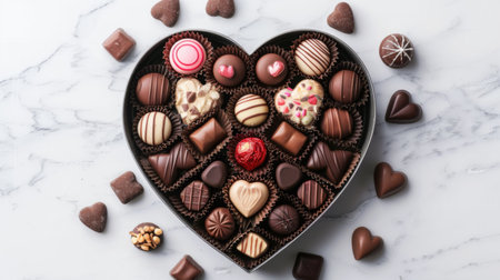A heart-shaped box filled with assorted chocolates, perfect for Valentine's Day or special occasions.の素材
