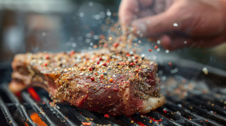 A person seasoning a porterhouse steak with a spice rub before grilling it to perfection.の素材