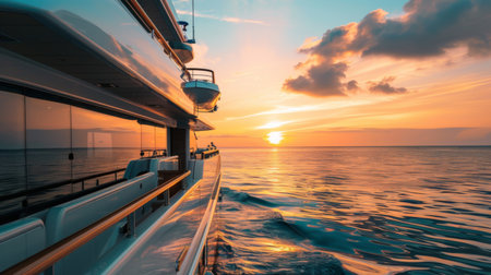 A luxury yacht anchored offshore, with passengers on deck watching the sun setting over the distant horizon.の素材