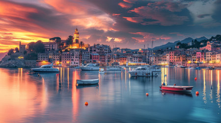 A panoramic view of a coastal town's skyline at dusk, with boats anchored in the harbor under a colorful sunset.の素材