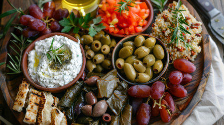 A platter of Greek mezze appetizers, including tzatziki, hummus, olives, and stuffed grape leaves.の素材