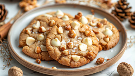 A plate of macadamia nut cookies with chunks of nuts and white chocolate chips, served on a dessert plate.の素材