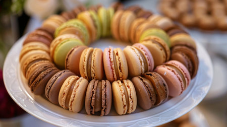 A plate of macarons arranged in a spiral pattern, creating a visually appealing dessert presentationの素材