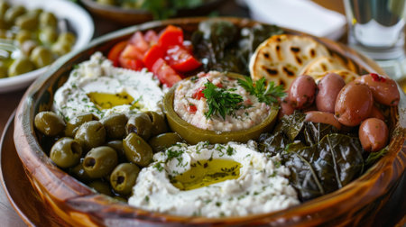 A platter of Greek mezze appetizers, including tzatziki, hummus, olives, and stuffed grape leaves.の素材
