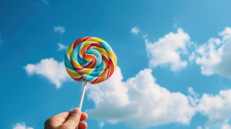 A person with a lollipop in hand, enjoying it against a backdrop of blue sky and clouds.の素材