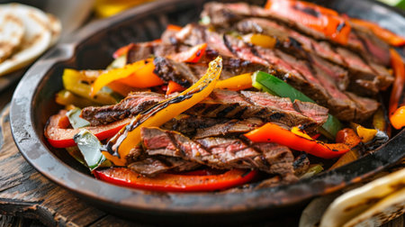 A platter of sliced grilled flank steak fajitas with colorful bell peppers and onions, served with tortillas.の素材
