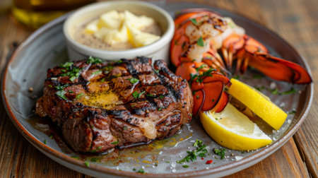 A plate of surf and turf with a grilled steak and lobster tail, served with melted butter and lemon wedgesの素材