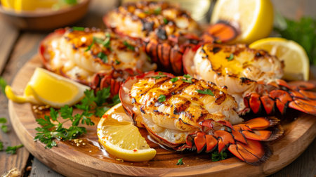 A platter of freshly grilled lobster tails with melted butter and lemon wedges, served on a wooden board.の素材