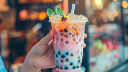 A person holding a bubble milk tea with a colorful mix of pearls and flavored syrup.の素材