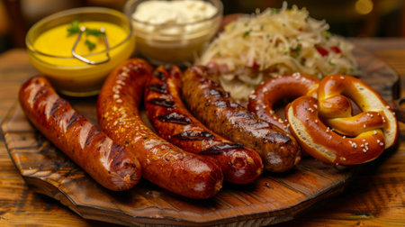 A platter of German sausages with sauerkraut, mustard, and soft pretzels, served on a wooden board.の素材