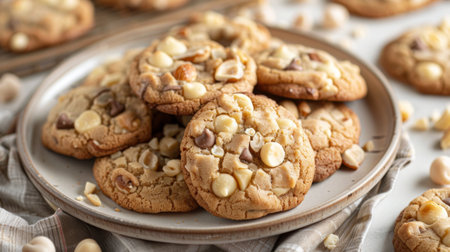 A plate of macadamia nut cookies with chunks of nuts and white chocolate chips, served on a dessert plate.の素材