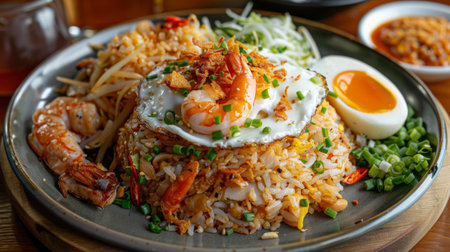 A plate of Indonesian nasi goreng with fried rice, shrimp, chicken, egg, and crispy shallots on top.の素材