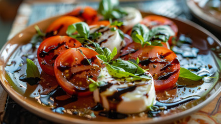 A plate of sliced cherry tomatoes with mozzarella cheese and basil, drizzled with balsamic glaze.の素材