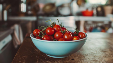 A bowl of cherry tomatoes on a rustic kitchen table, ready for cooking.の素材